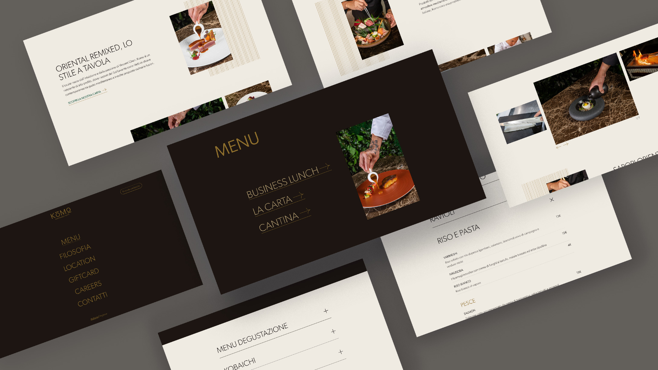 Un collage dei layout del sito WordPress per Komo Restaurant