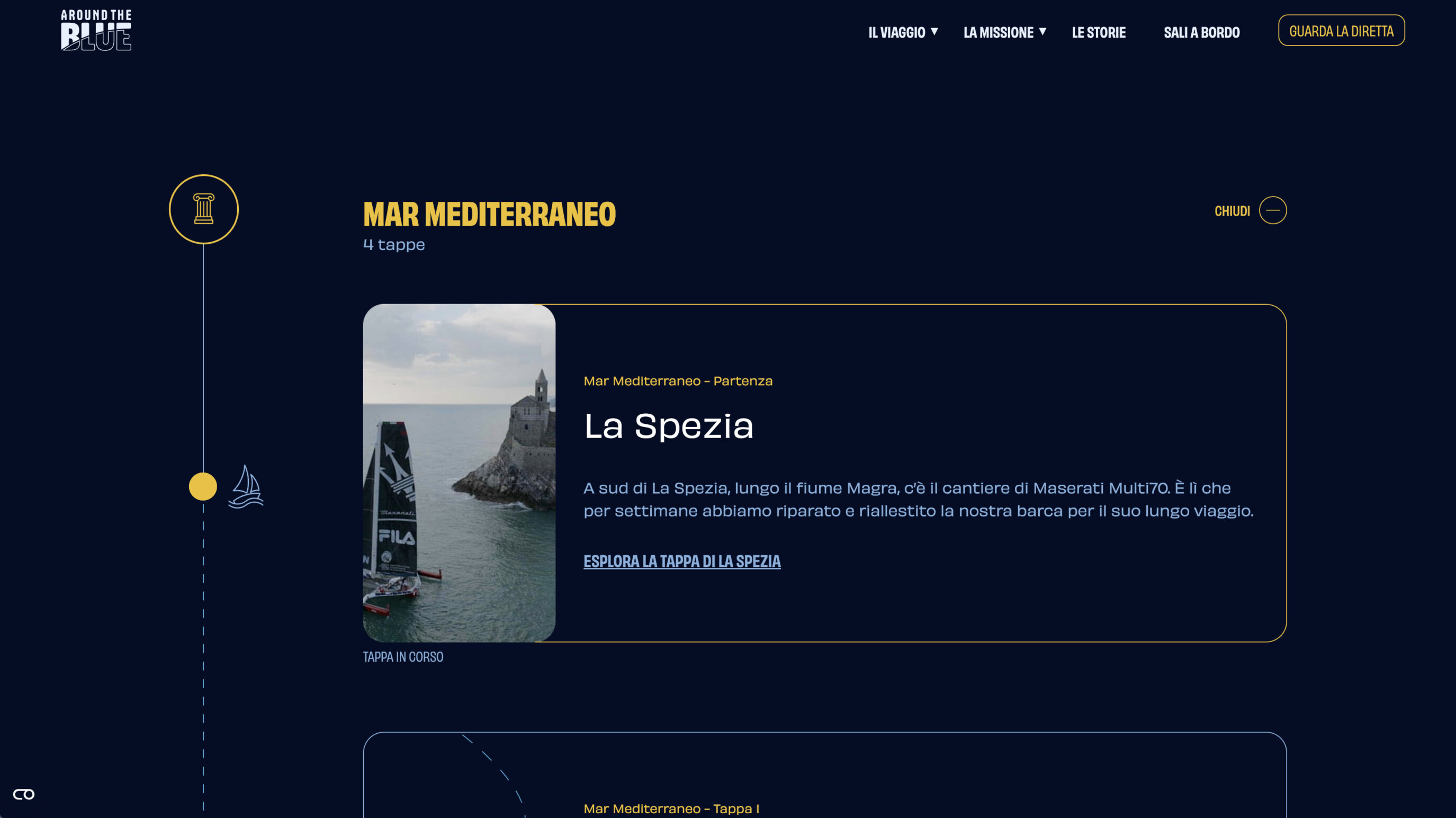 Lo screenshot di una pagina web del sito Around The Blue che mostra l'itinerario di Giovanni Soldini.