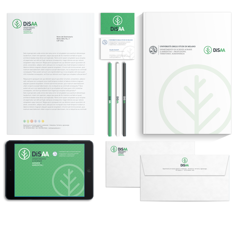 Presentazione d'insieme del coordinato d'immagine che PaperPlane ha realizzato per il Dipartimento di Scienze Agrarie e Ambientali (DiSAA).