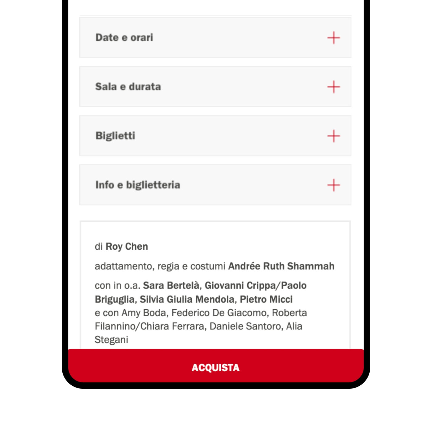 Nella pagina spettacolo tutte le informazioni pratiche sono raggruppate in un unico luogo.