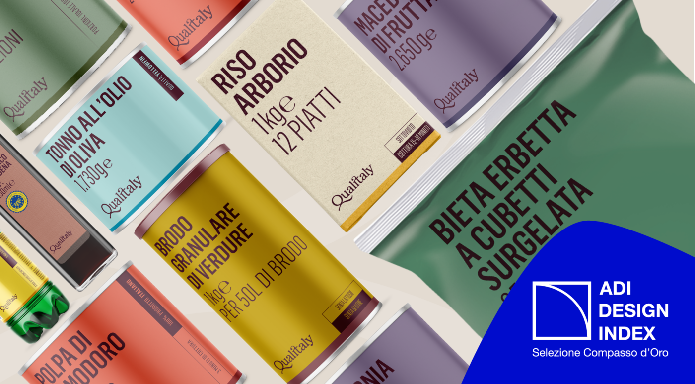 L'insieme dei packaging alimentari progettati per Qualitaly, selezionati da ADI per il Design Index 2023