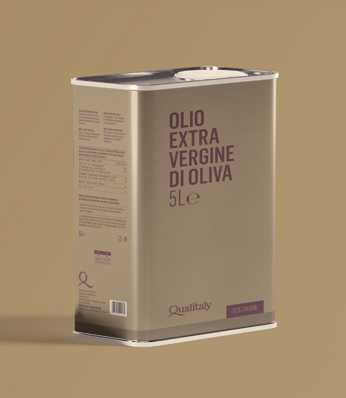 Qualitaly product identity food - il packaging in tonalità oro che PaperPlane ha realizzato per l'olio extra vergine di oliva.