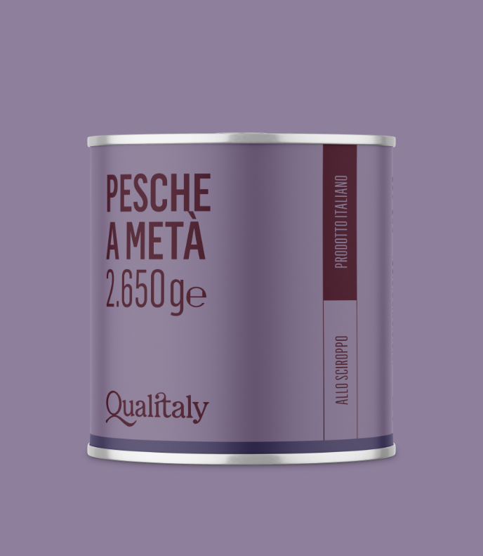 Qualitaly product identity food - il packaging in tonalità viola che PaperPlane ha realizzato per le pesche in scatola.