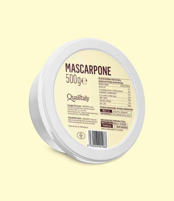 Qualitaly product identity food - il packaging in tonalità crema che PaperPlane ha realizzato per il mascarpone.