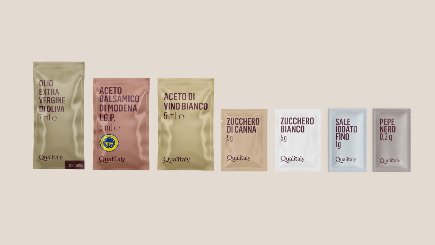 Qualitaly product identity food - il packaging in varie tonalità di colore che PaperPlane ha realizzato per bustine monodose di olio extravergine di oliva, aceto balsamico di Modena I.G.p>, aceto di vino bianco, zucchero di canna e bianco, sale e pepe.