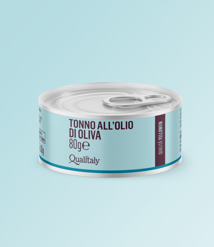 Qualitaly product identity food - il packaging in tonalità azzurra che PaperPlane ha realizzato per una lattina di tonno.