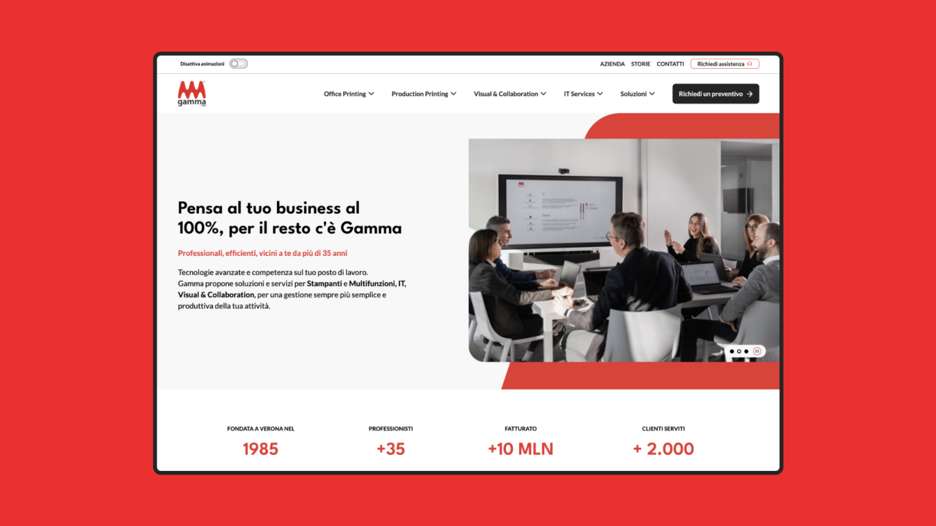 La homepage del sito di Gamma dove lo storytelling è orientato al target con un flusso di contenuti che presenta i servizi attraverso i bisogni che vanno a risolvere