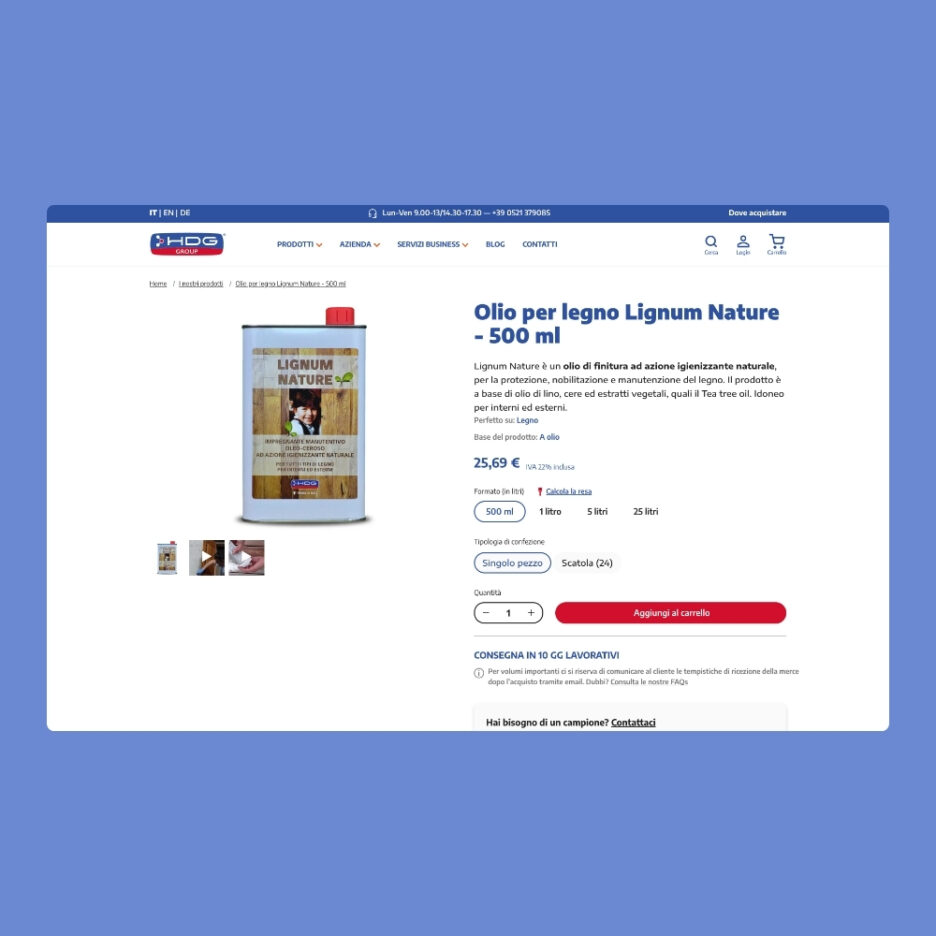 La schermata di acquisto di una vernice HDG che mostra varie opzioni di acquisto anche in stock per clienti btb