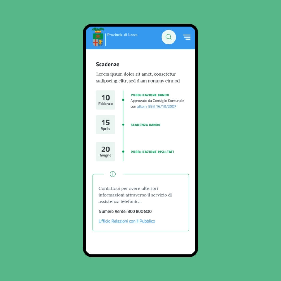 La schermata mobile di un bando con in evidenza date e scadenze