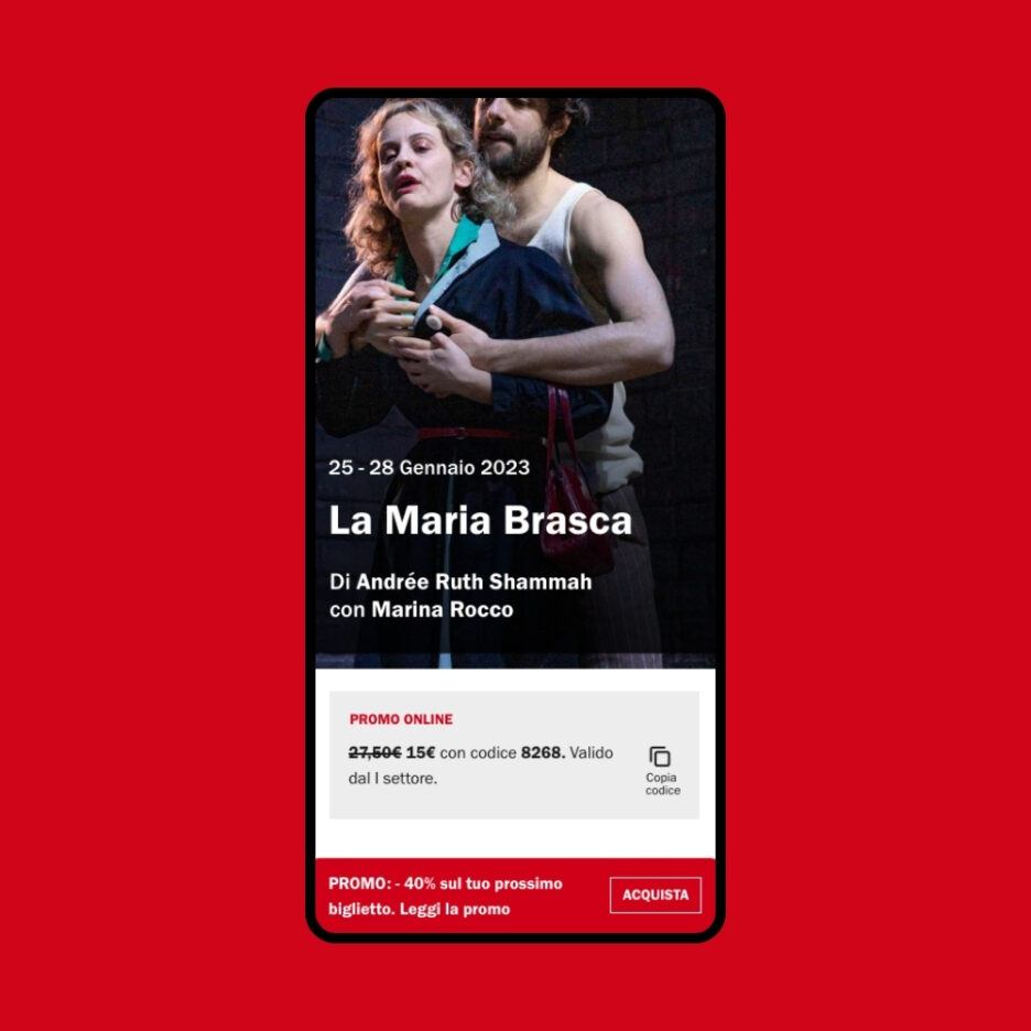 La visualizzazione mobile della scheda di uno spettacolo, con la possibilità di mettere in evidenza promozioni e call to action di acquisto