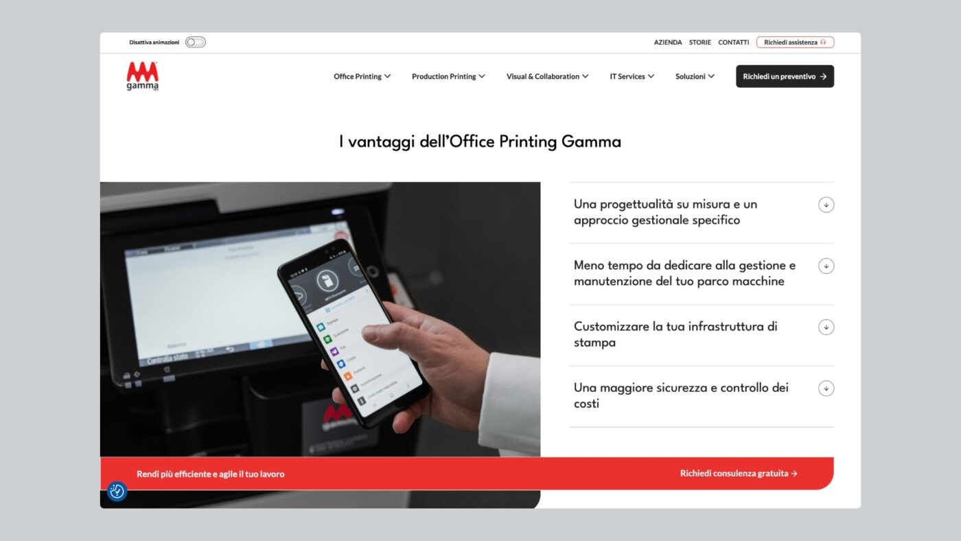 Una pagina del sito di Gamma con una stickybar di call to action