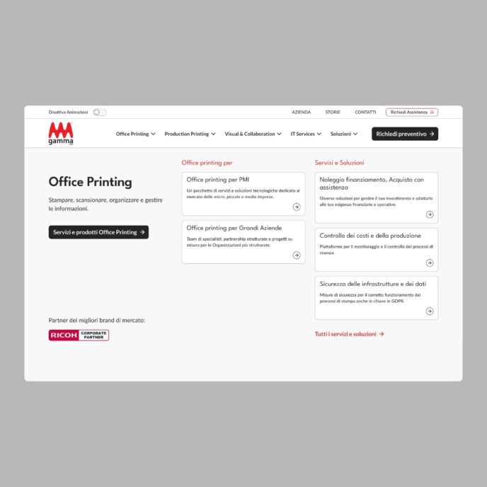 Il megamenu dellla business unit Office Printing da accesso diretto alle pagine dedicate ai target, PMI e aziende Enteprise