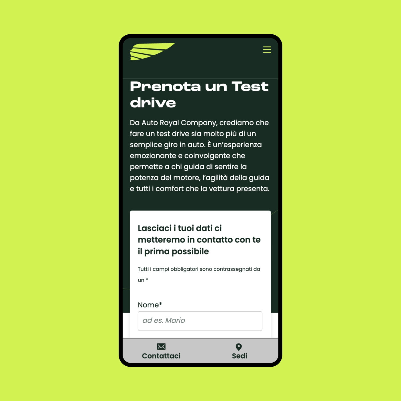 Pagina di Lead prenota test drive, orientata alla conversione con form subito presente dall'apertura della pagina.