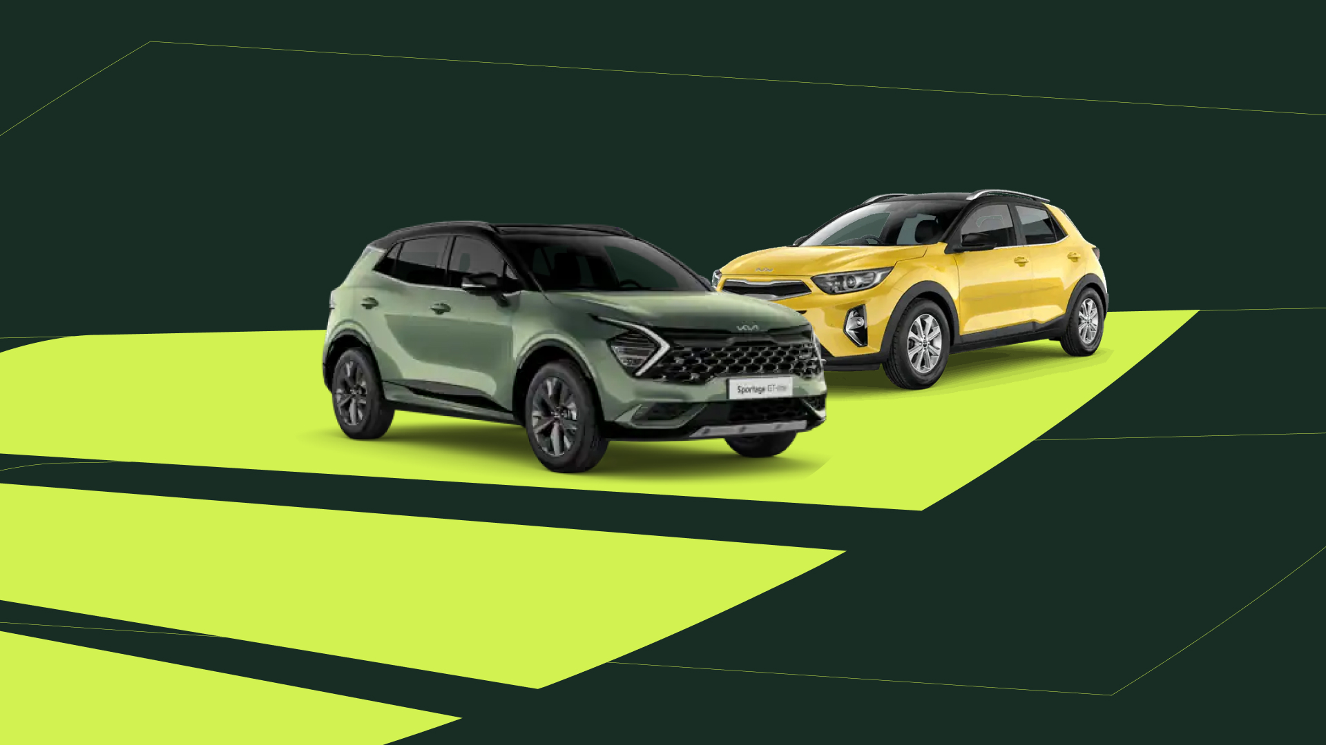 Auto e linee dinamiche e moderne su background verde scuro e verde acido, rappresentano l'immagine di brand di AutoRoyal Company