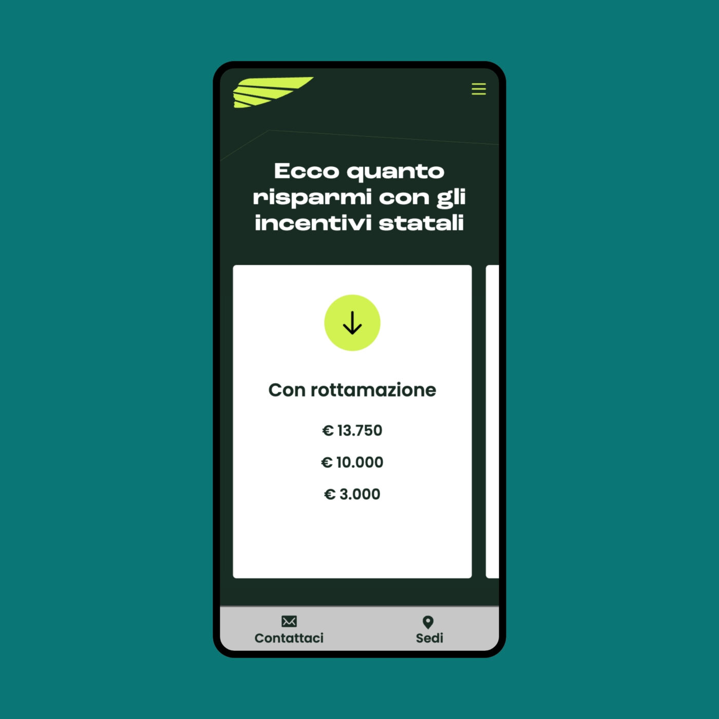 Schermata mobile del sito AutoRoyal Company che mostra in una card moderna con icone verde acido, un’informazione sugli incentivi statali con rottamazione.