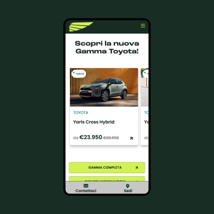 Card delle auto in offerta con un font extended e call to action verde acido dirette a MotorK