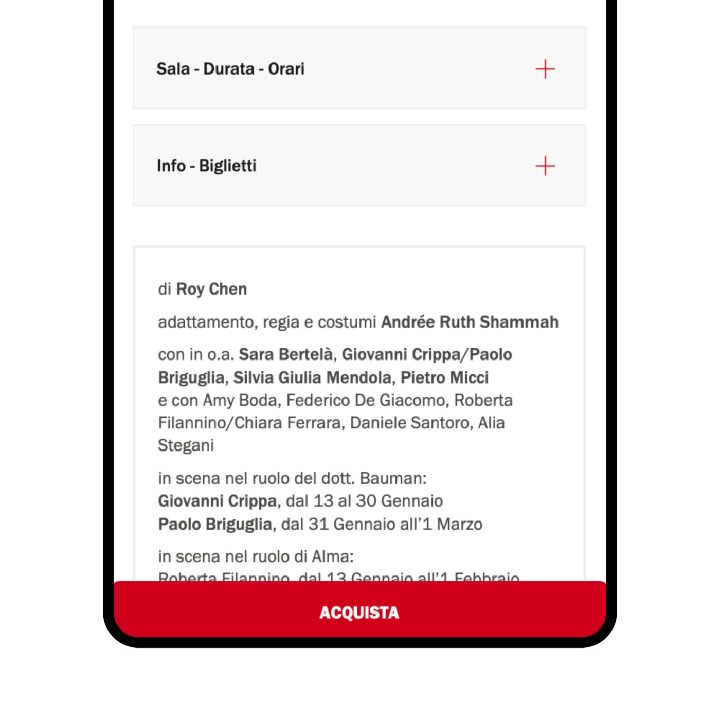 Nelle pagine spettacoli le call to action sono sempre ancorate sul bottom dello schermo
