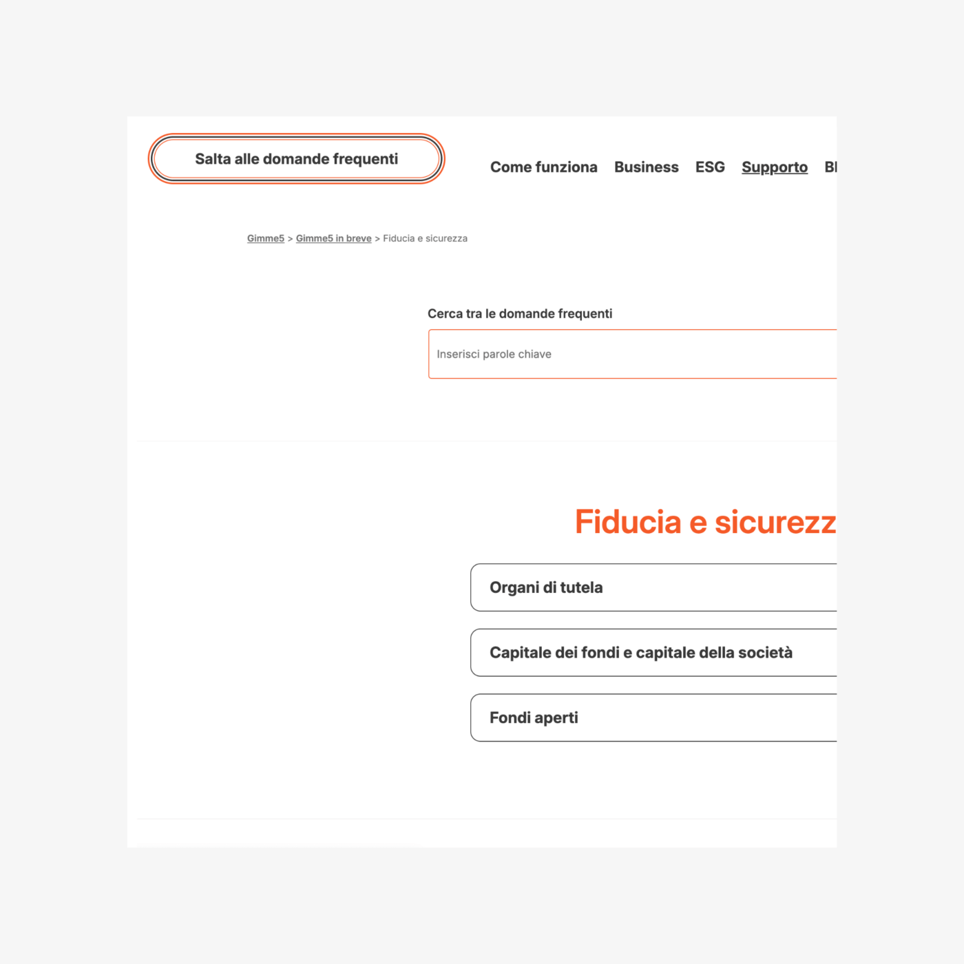 Sezione iniziale della pagina FAQ di Gimme5 con il nuovo bottone “Salta alle domande frequenti” visibile, pensato per raggiungere direttamente le domande con tastiera e screen reader.