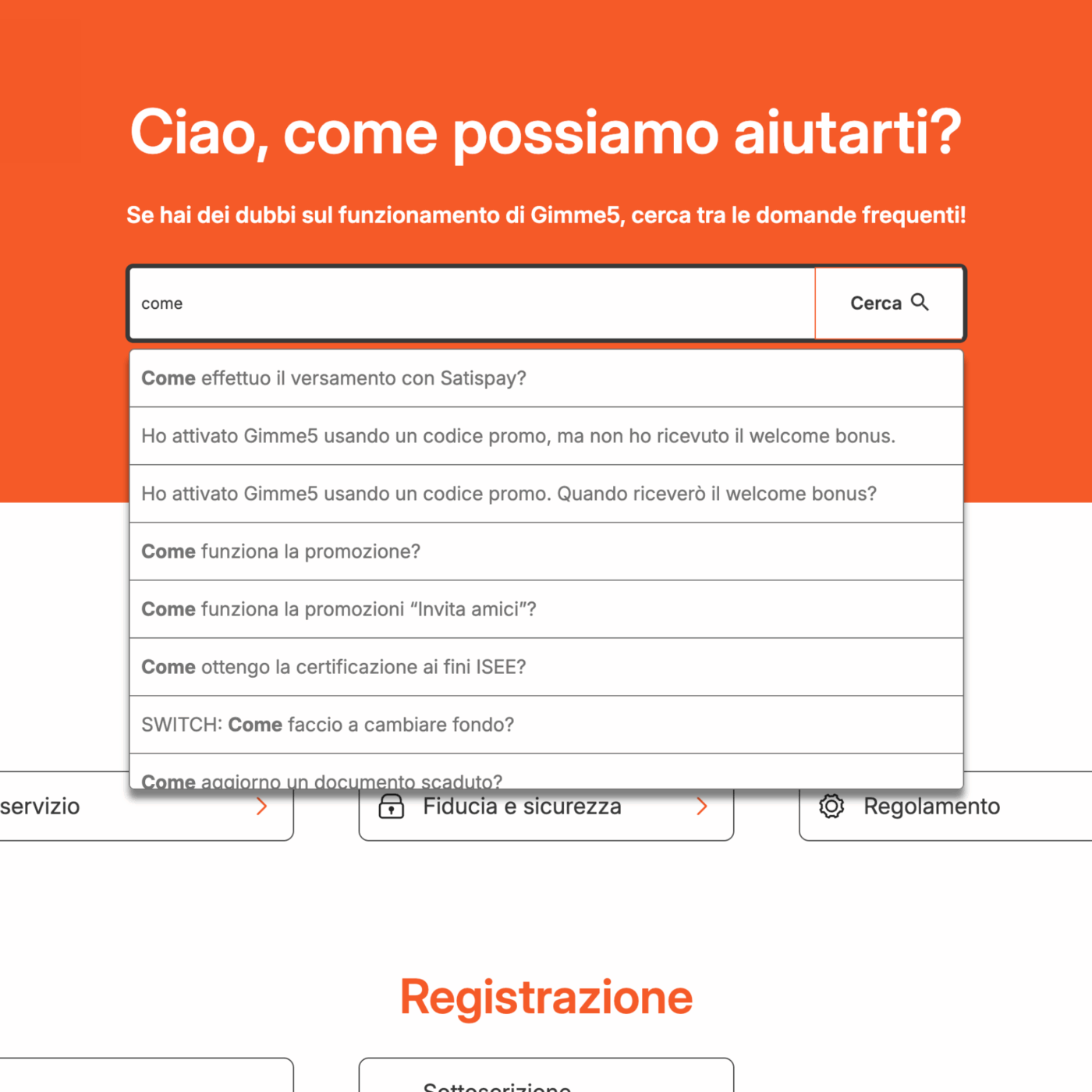 apertura della pagina di supporto con la nuova barra di ricerca. Label e pulsante di ricerca presenti e una serie di domande suggerite accessibili tramite tastiera e screen reader