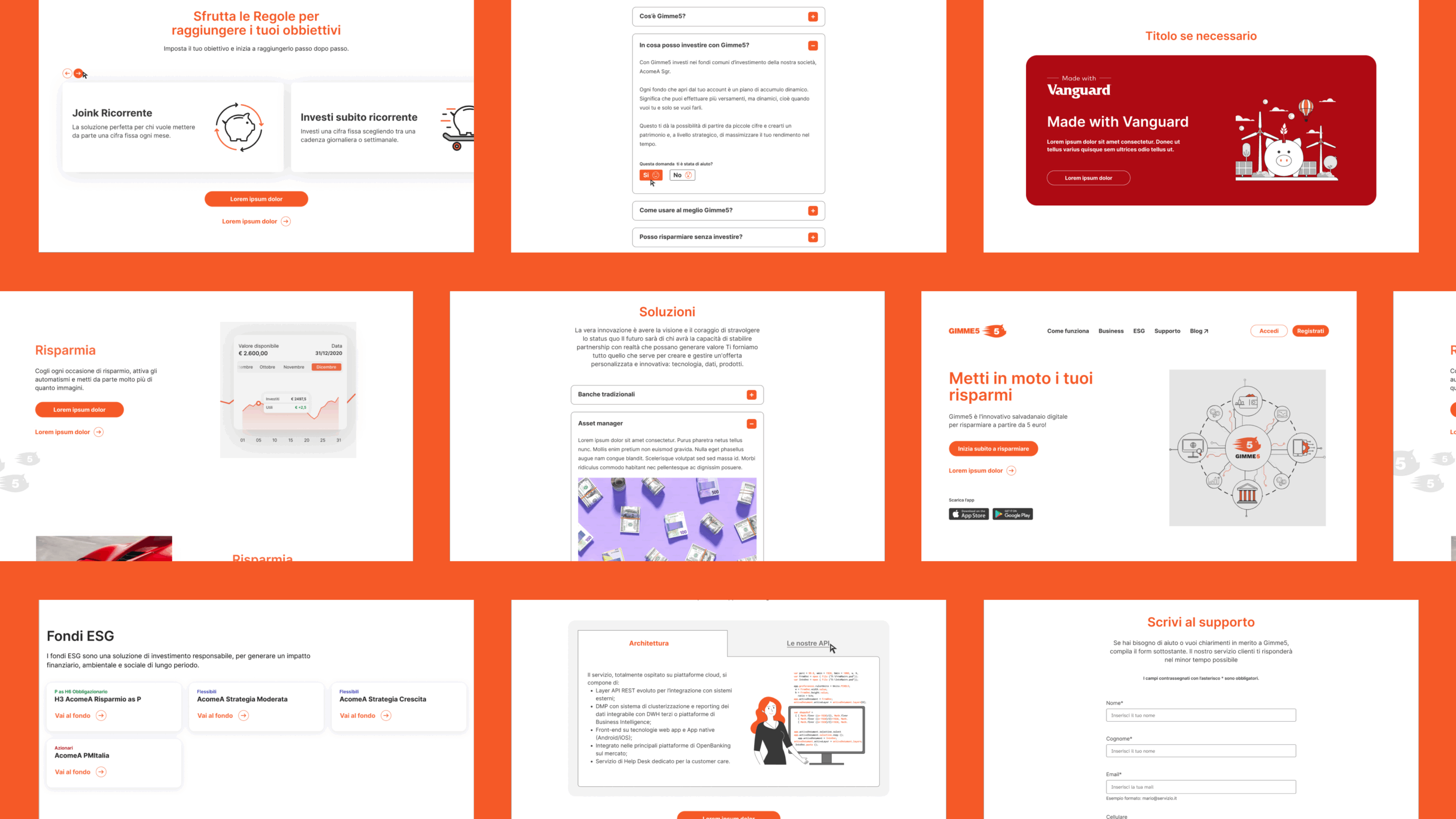 Varie schermate del nuovo sito Gimme5 che mostrano i componenti ottimizzati by design