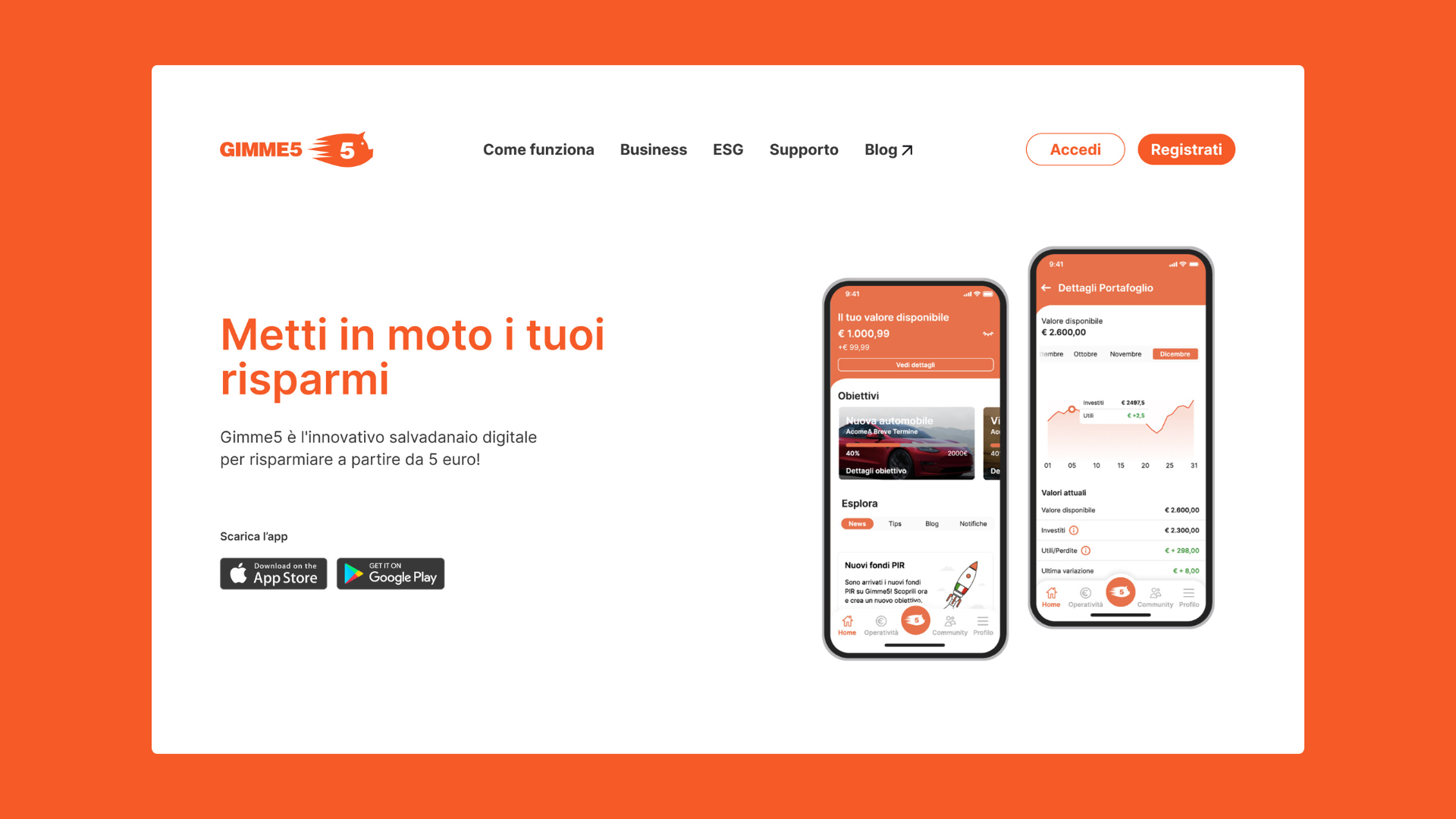 Screenshot della nuova homepage di Gimme5, dove l’adeguamento all’accessibilità mantiene intatto lo stile del brand